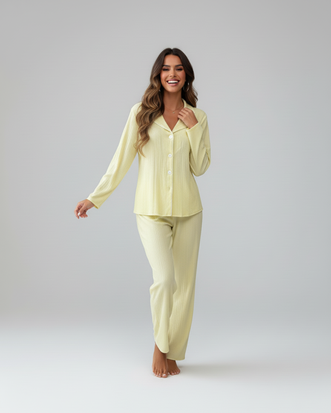 Soft Yellow Long Pajama Set – Button-Up Shirt & Relaxed Pants