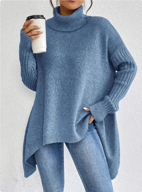 Women’s Irregular Turtleneck Sweater – Loose Knit Long-Sleeve Pullover