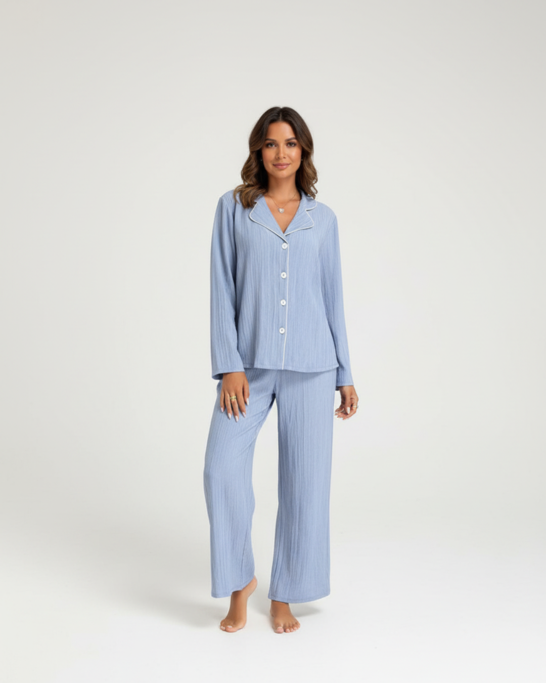 Soft Blue Long Pajama Set – Classic Button-Up & Relaxed Pants