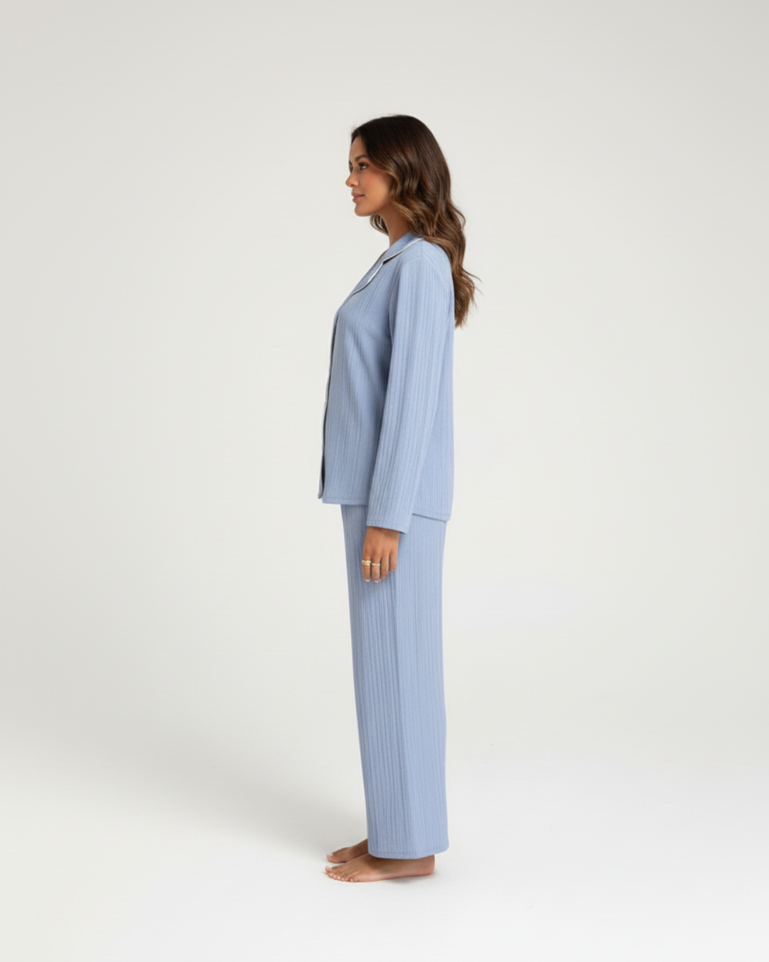 Soft Blue Long Pajama Set – Classic Button-Up & Relaxed Pants