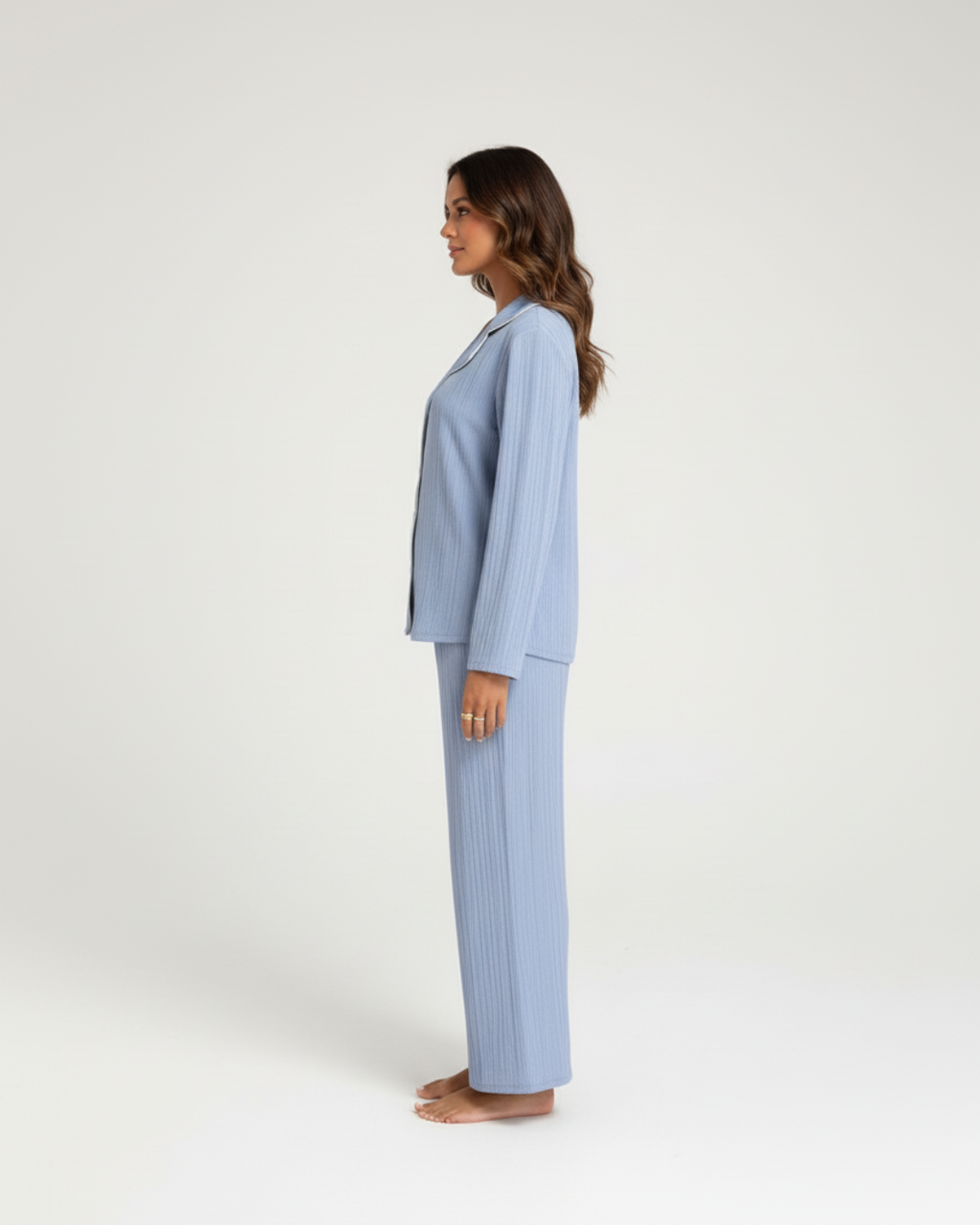 Soft Blue Long Pajama Set – Classic Button-Up & Relaxed Pants