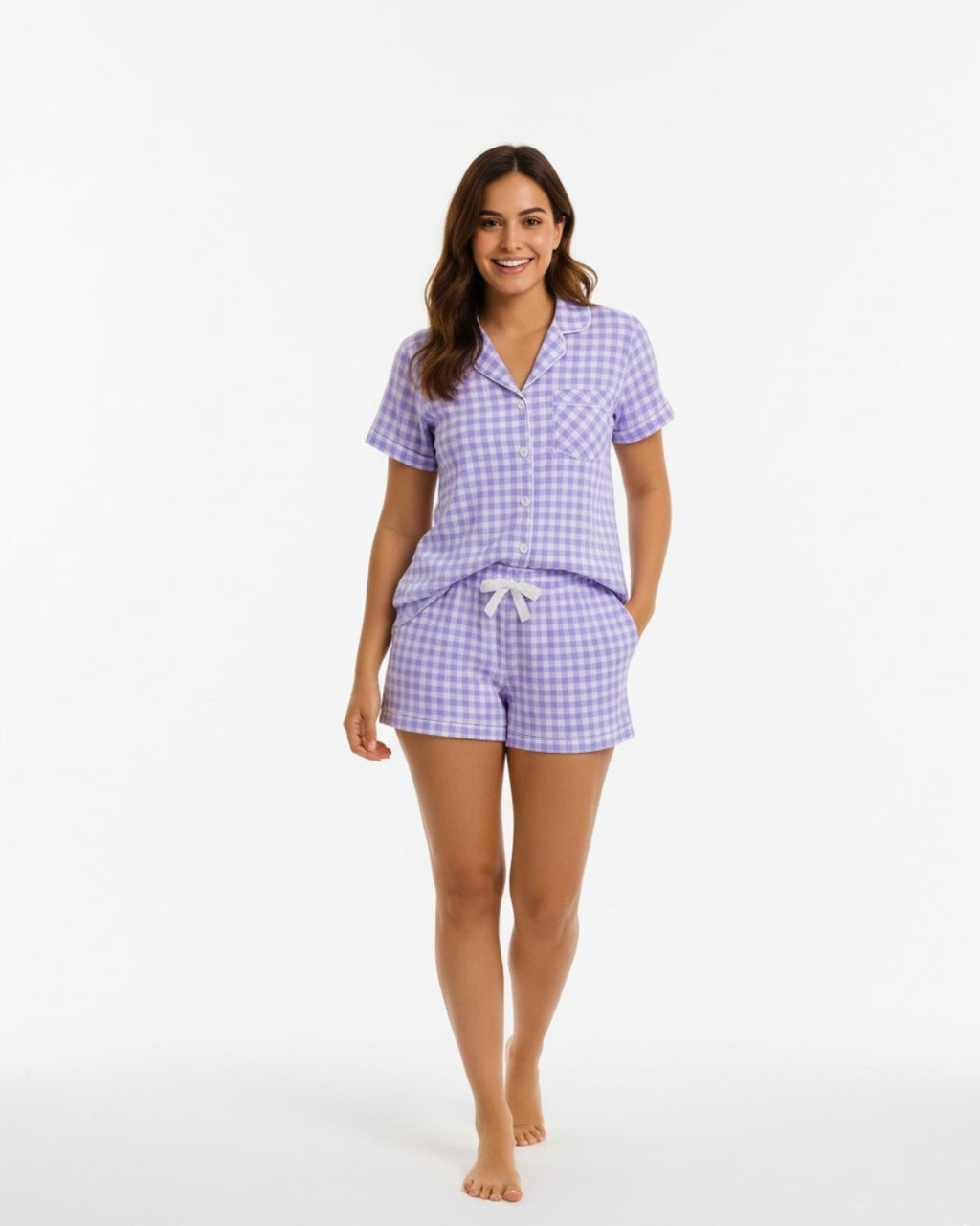 Women’s Short Pyjamas with White Bow - Short sleeve button-down top and matching shorts
