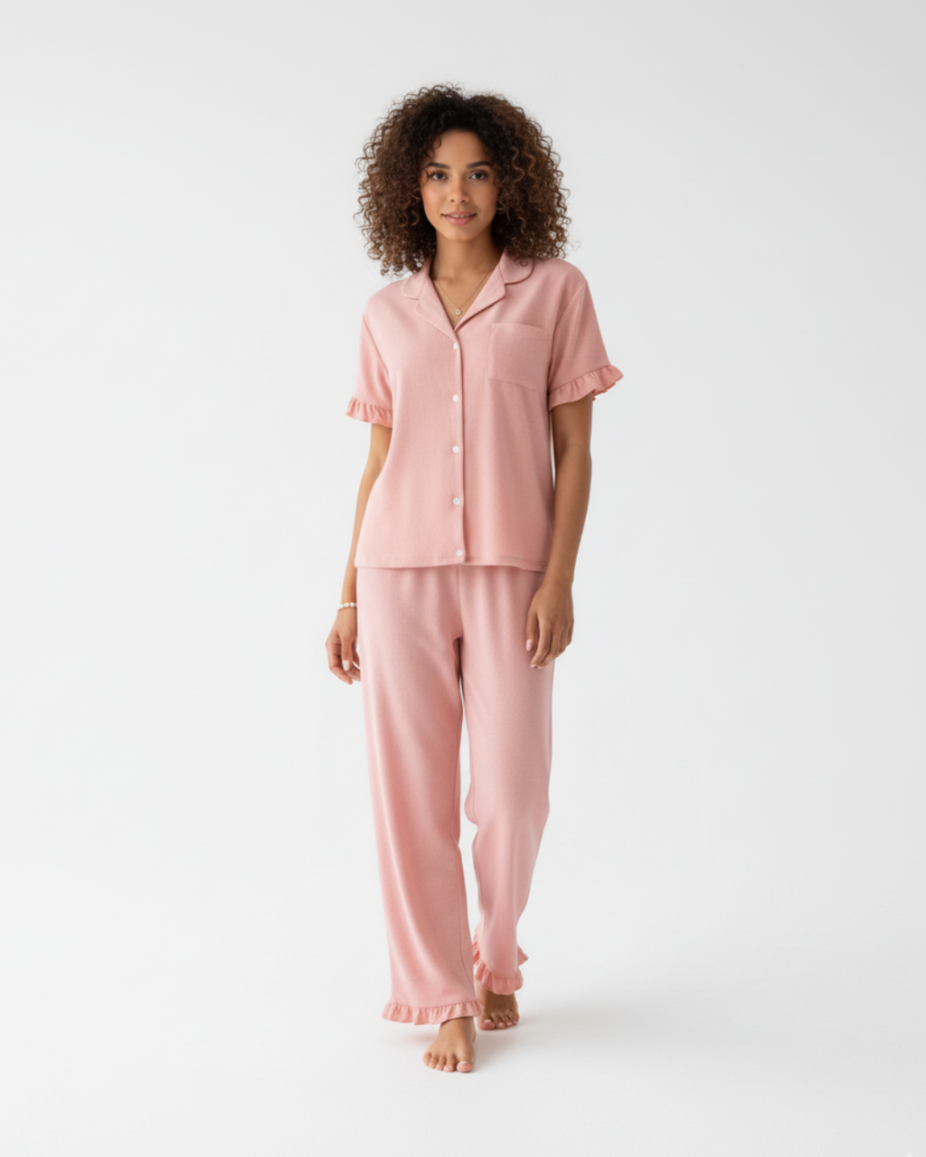 Women's Cotton Long Pajamas - Shortsleeve Buttoned Collar Shirt with Matching Pants