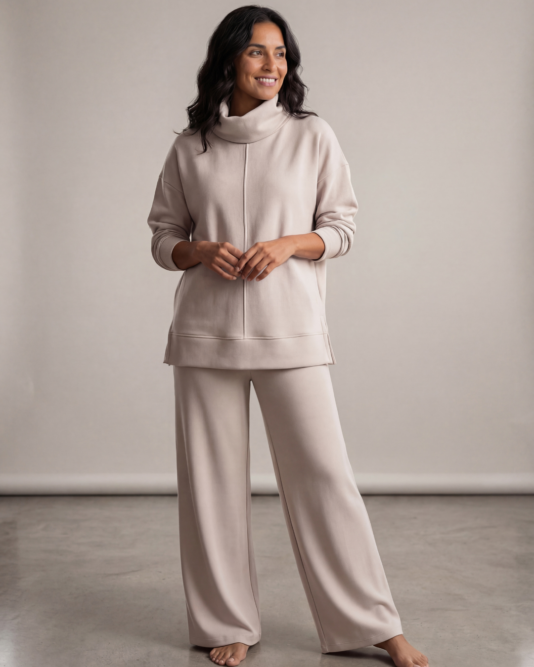 Women’s Turtle Neck Top and Wide-Leg Pants Set – Relaxed Fit Loungewear