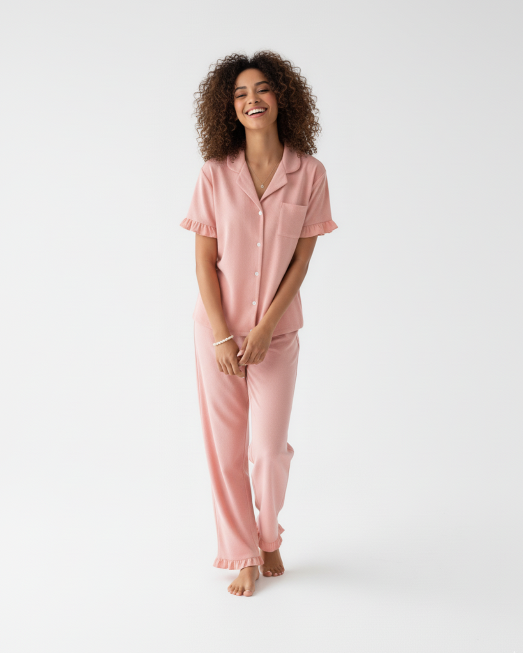 Women's Cotton Long Pajamas - Shortsleeve Buttoned Collar Shirt with Matching Pants
