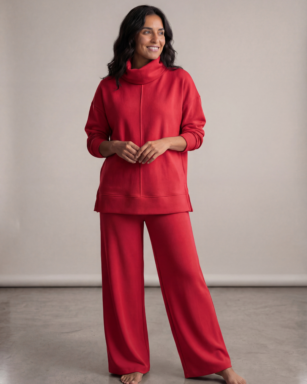 Women’s Turtle Neck Top and Wide-Leg Pants Set – Relaxed Fit Loungewear