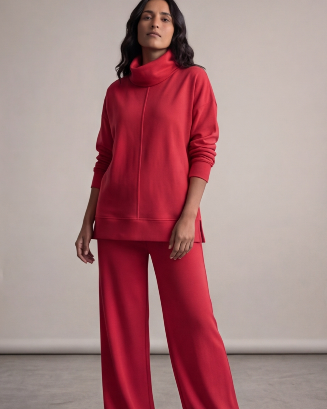 Women’s Turtle Neck Top and Wide-Leg Pants Set – Relaxed Fit Loungewear