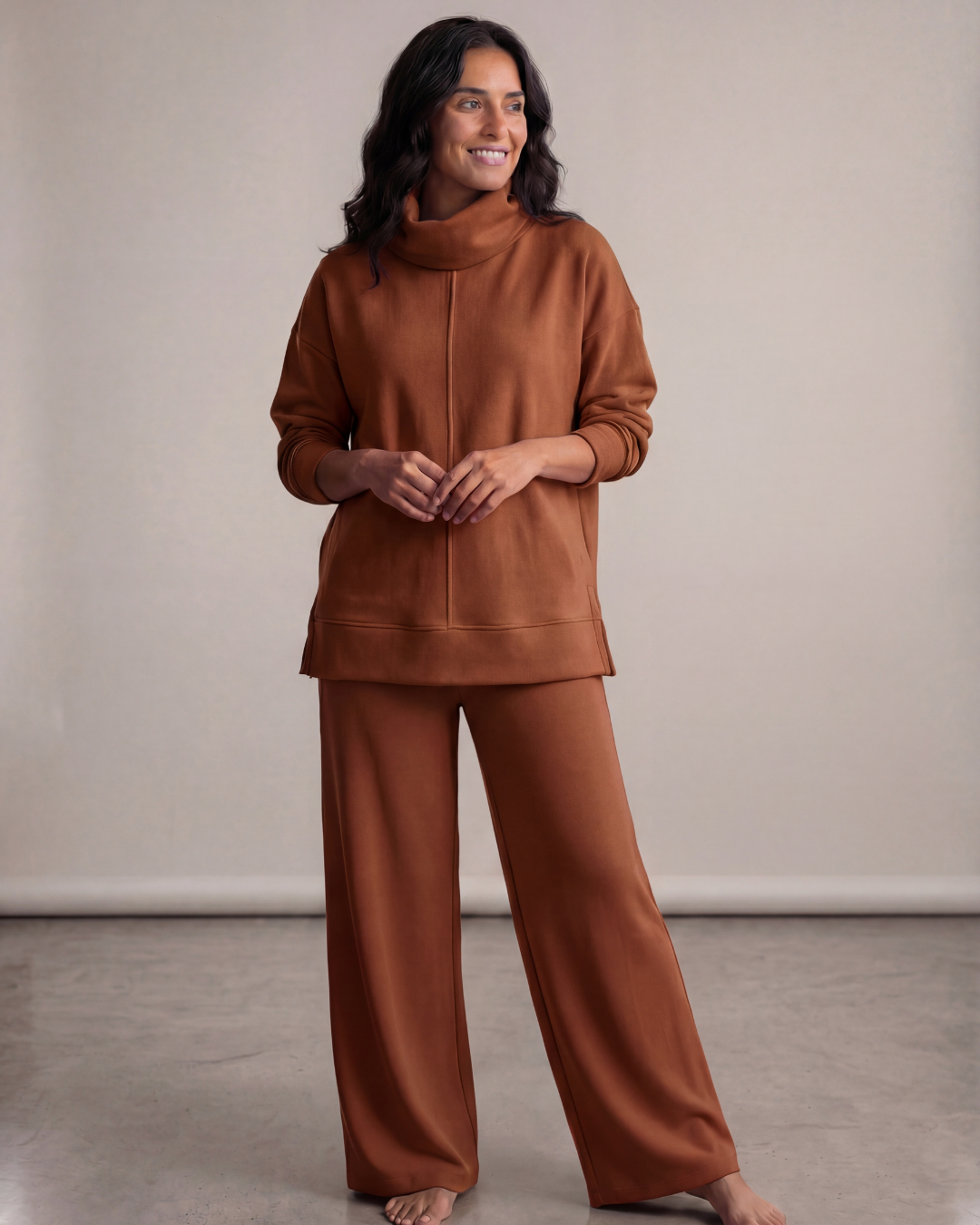 Women’s Turtle Neck Top and Wide-Leg Pants Set – Relaxed Fit Loungewear