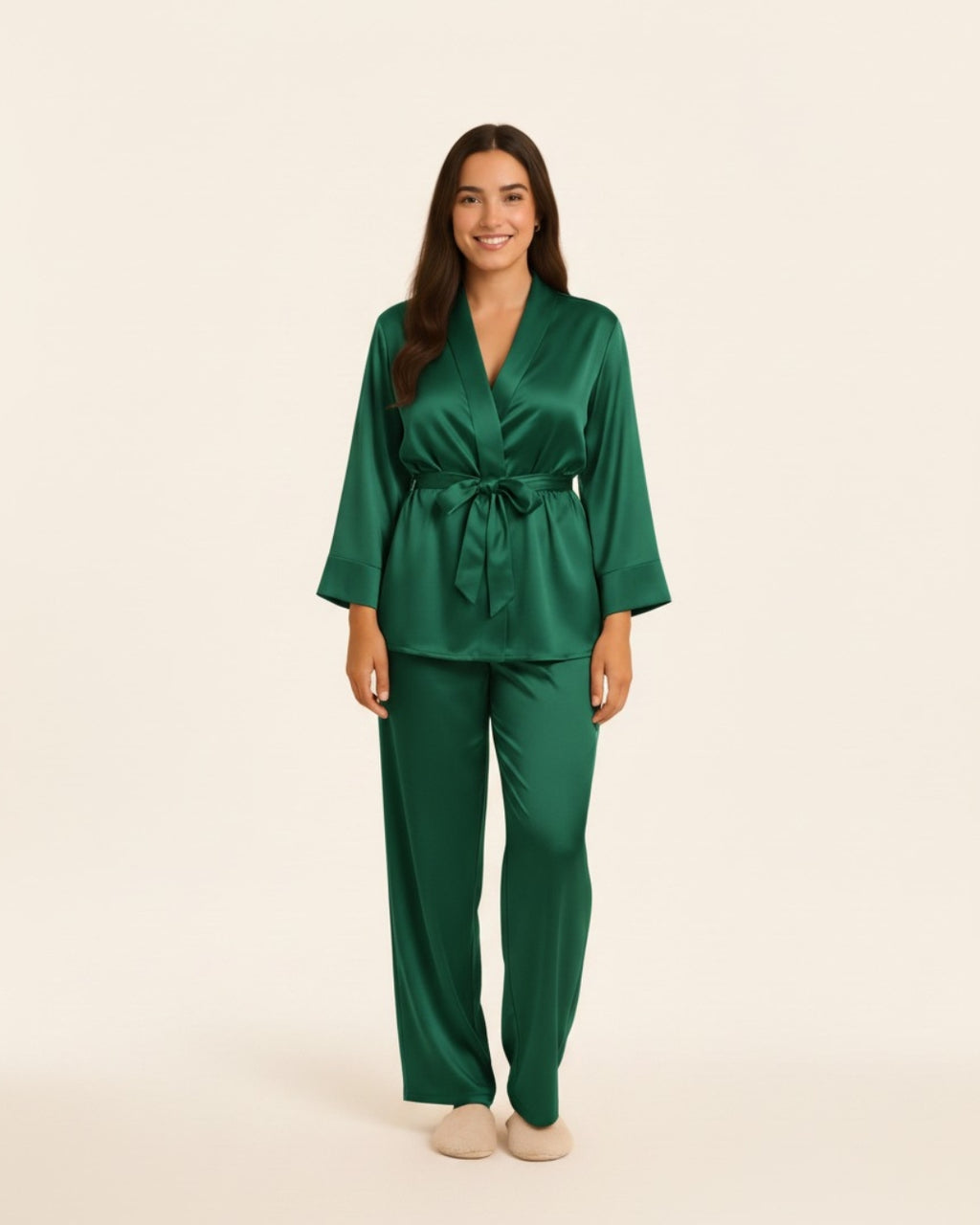 Women's Robe and Pants Pajama Set - Midi Satin Robe and Pants Sleepwear