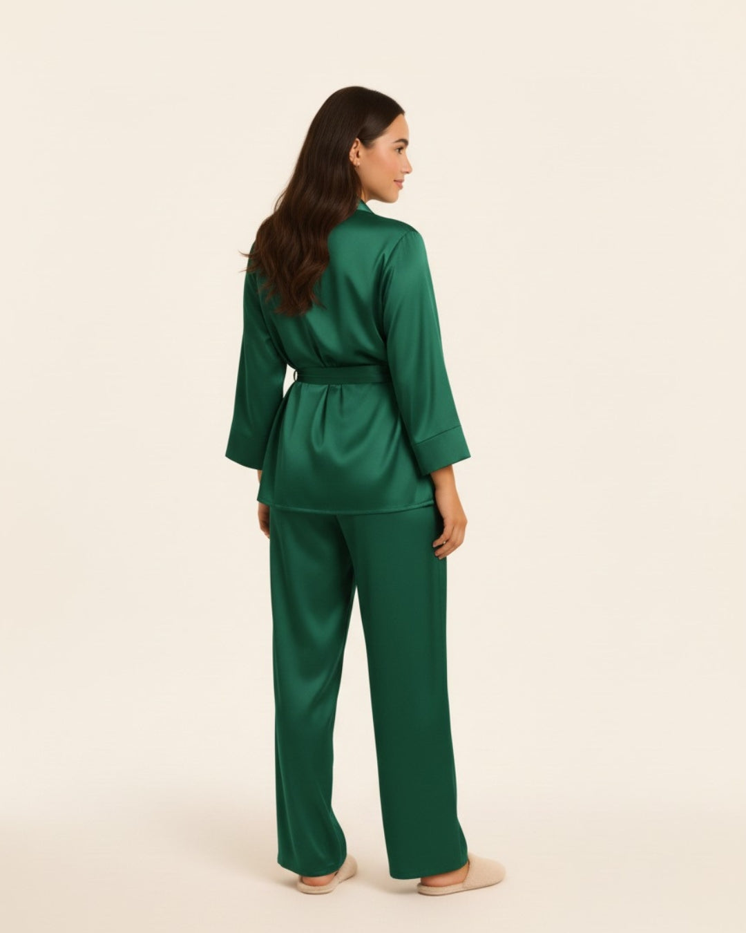 Women's Robe and Pants Pajama Set - Midi Satin Robe and Pants Sleepwear