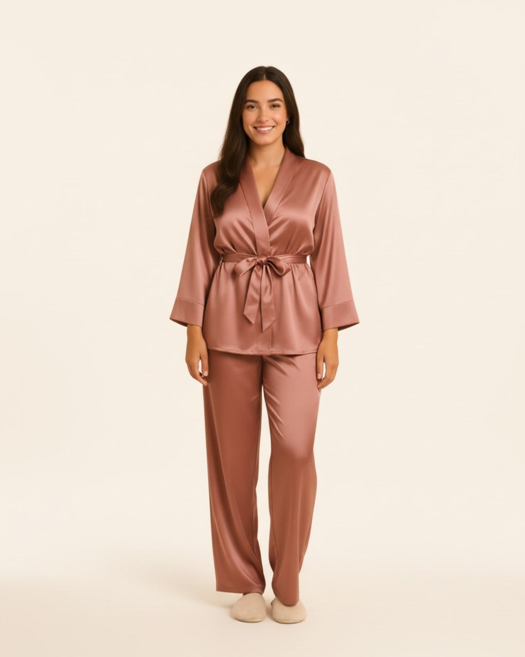Women's Robe and Pants Pajama Set - Midi Satin Robe and Pants Sleepwear
