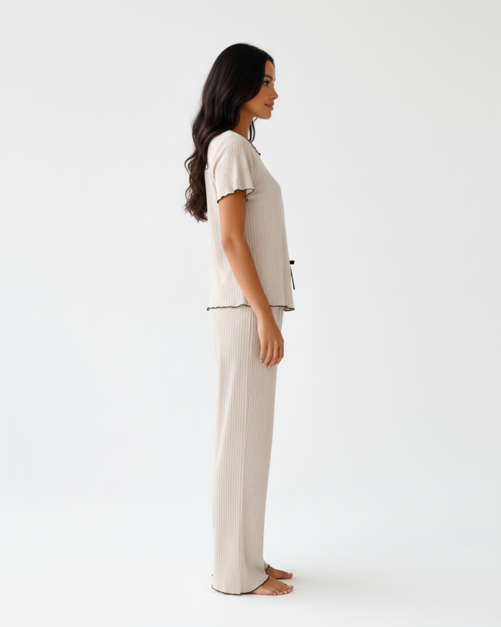 Women’s Beige Ribbed Pajama Set – Short Sleeve Two Piece PJ Set with Tie Waist