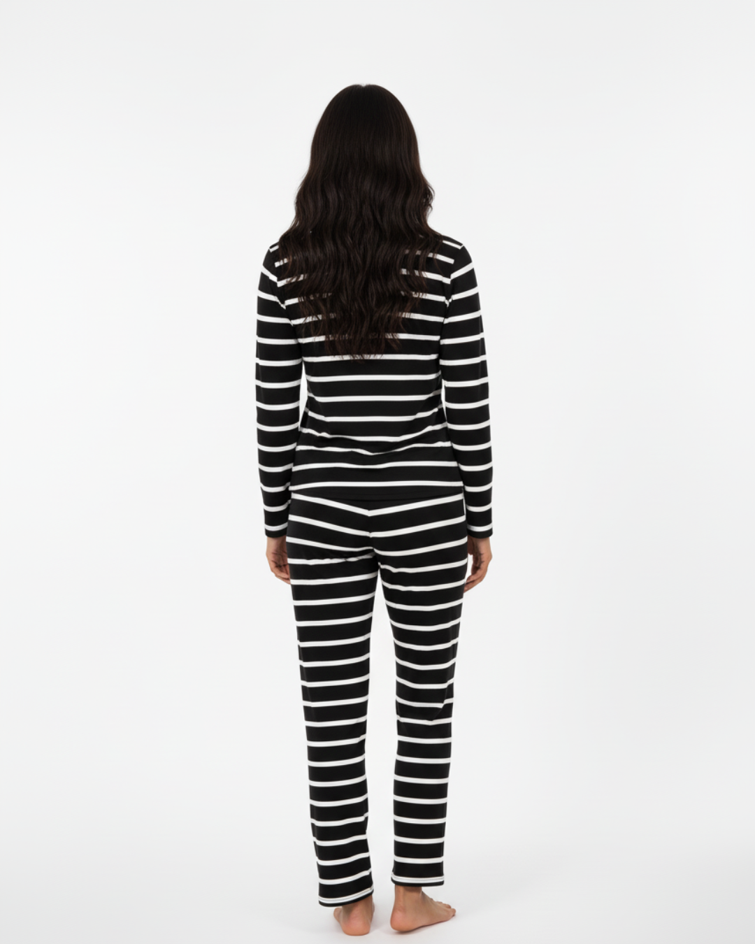 Long Women’s Pajama Set – Striped Cotton Sleepwear Top & Pants Loungewear