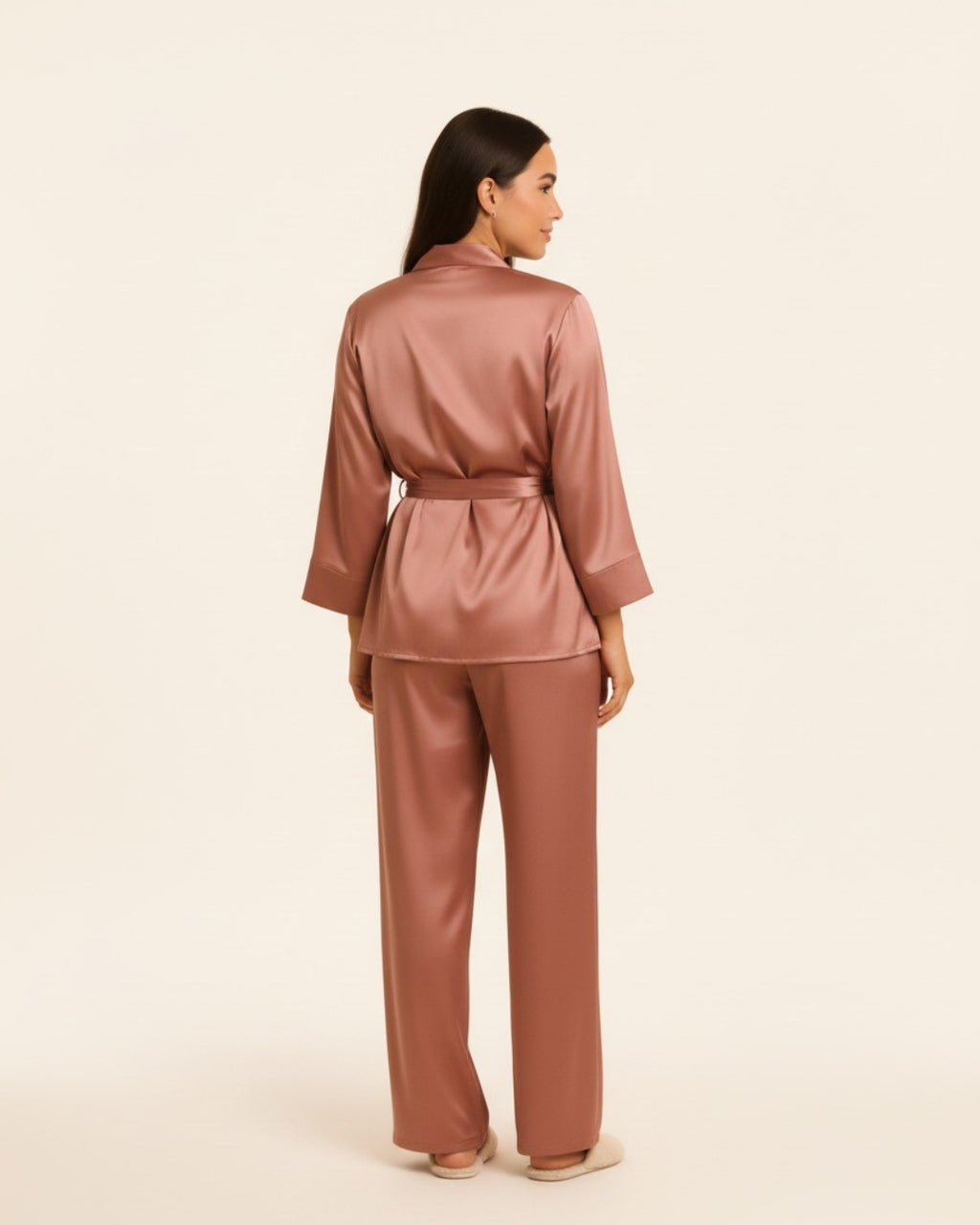 Women's Robe and Pants Pajama Set - Midi Satin Robe and Pants Sleepwear