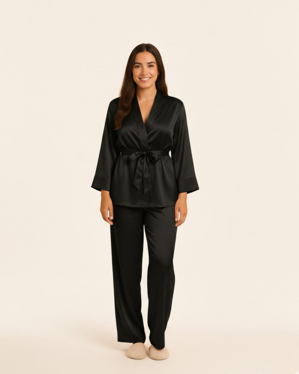 Women's Robe and Pants Pajama Set - Midi Satin Robe and Pants Sleepwear