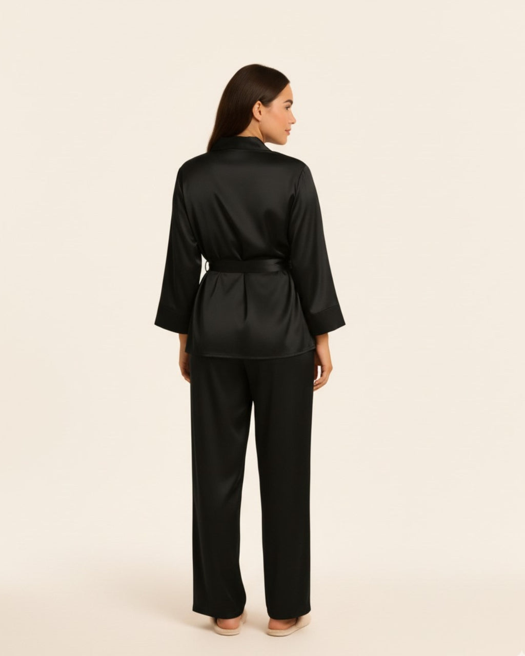 Women's Robe and Pants Pajama Set - Midi Satin Robe and Pants Sleepwear