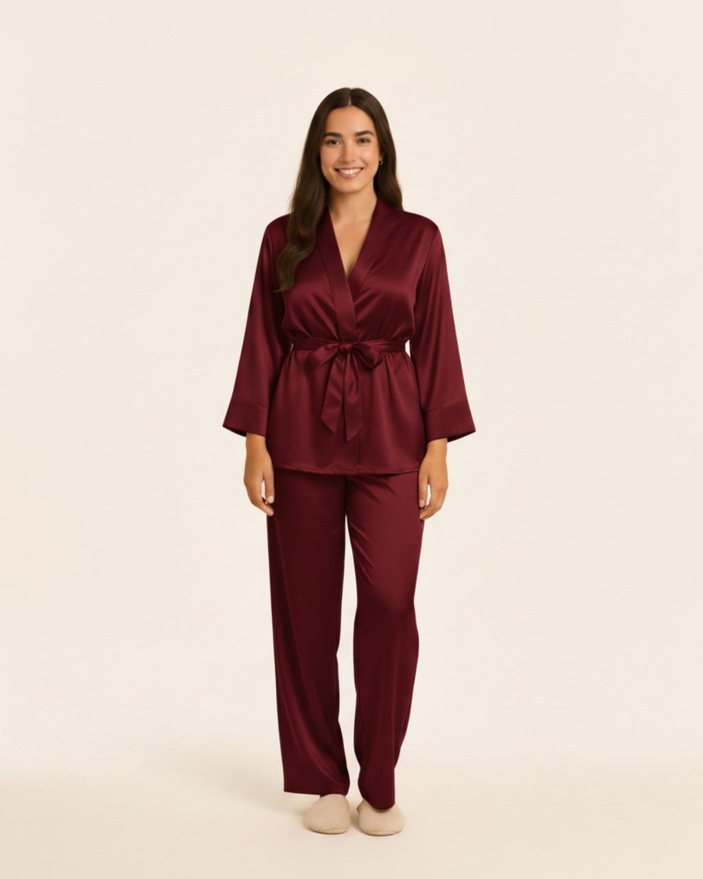 Women's Robe and Pants Pajama Set - Midi Satin Robe and Pants Sleepwear