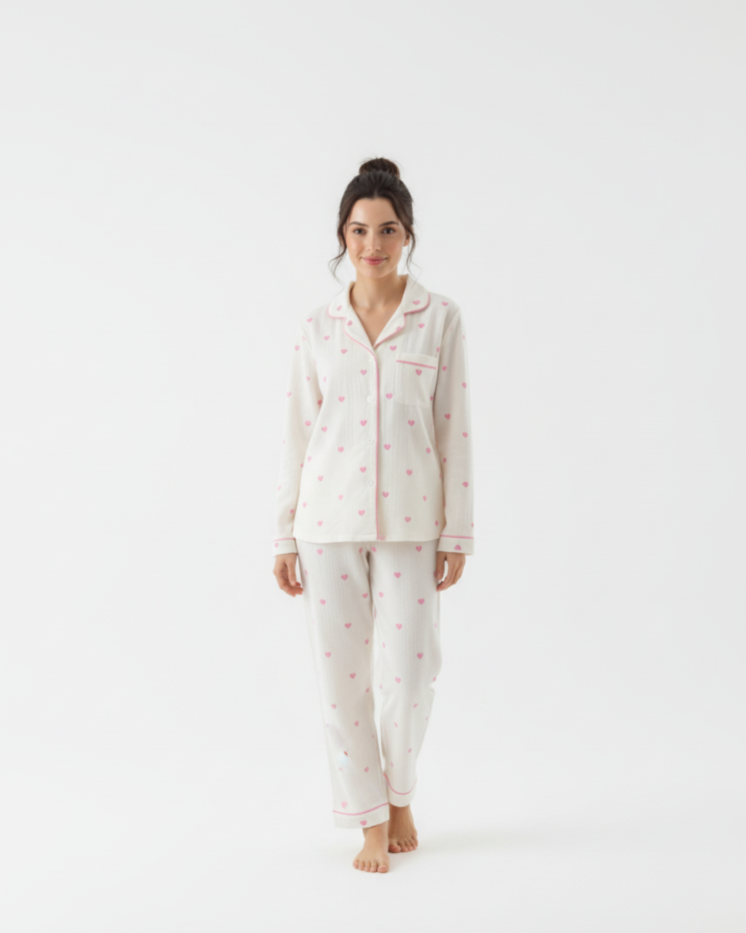 Women's Heart Print Long Pajamas - Longsleeve Collar Shirt with Matching Pants