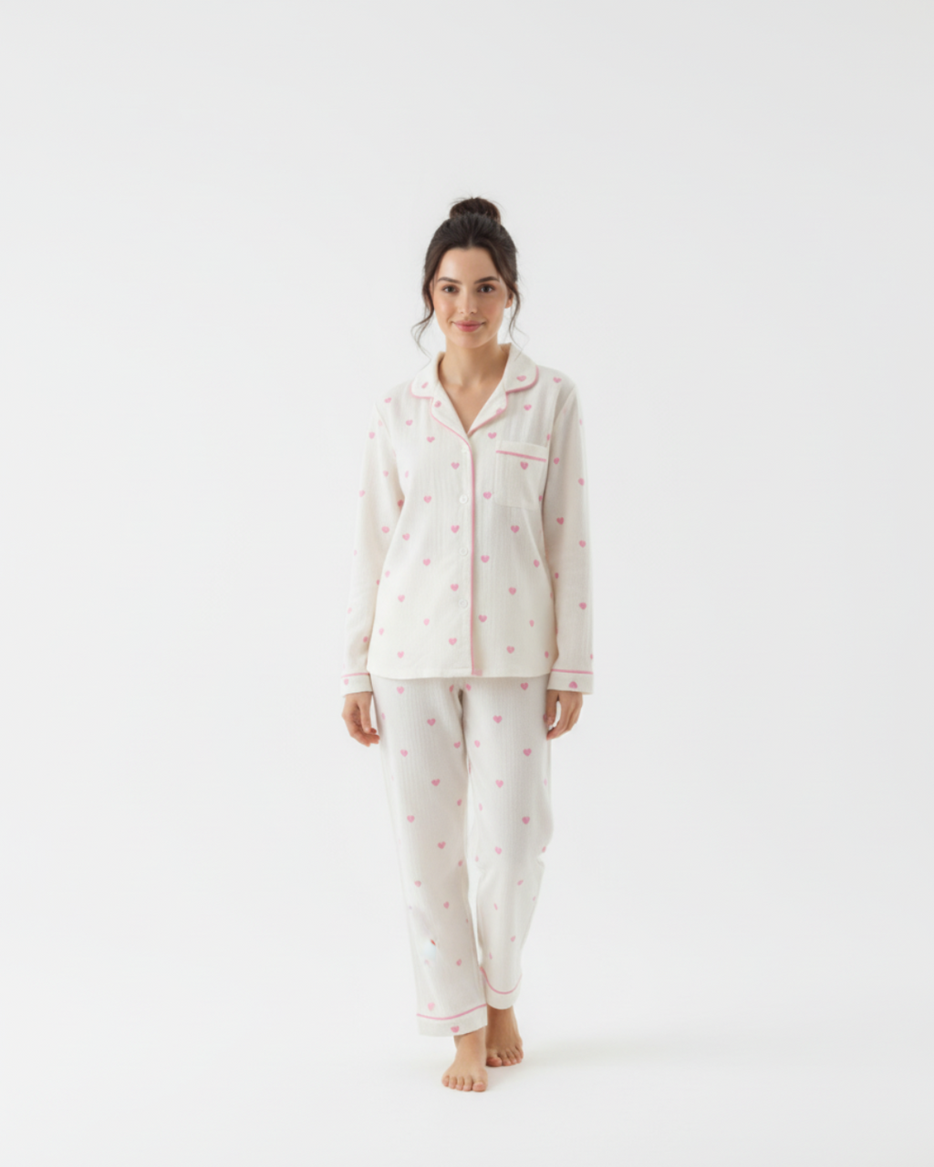 Women's Heart Print Long Pajamas - Longsleeve Collar Shirt with Matching Pants