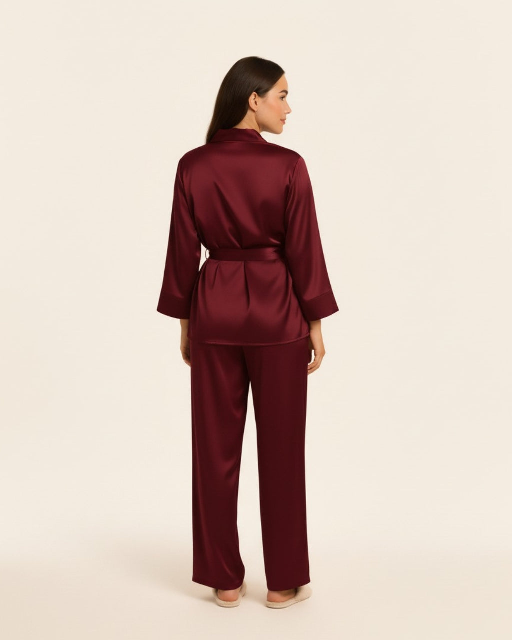 Women's Robe and Pants Pajama Set - Midi Satin Robe and Pants Sleepwear