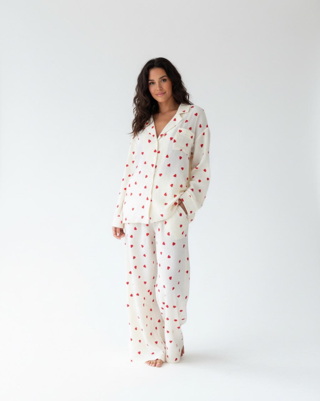 Women’s Long Pajama Set – White Pajamas with Red Heart Print, Button-Up Top & Pants Sleepwear