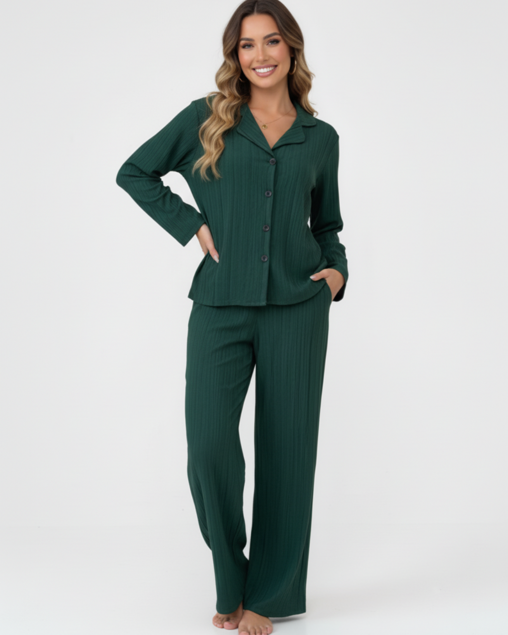 Forest Green Long Pajama Set – Classic Button-Up with Relaxed Pants