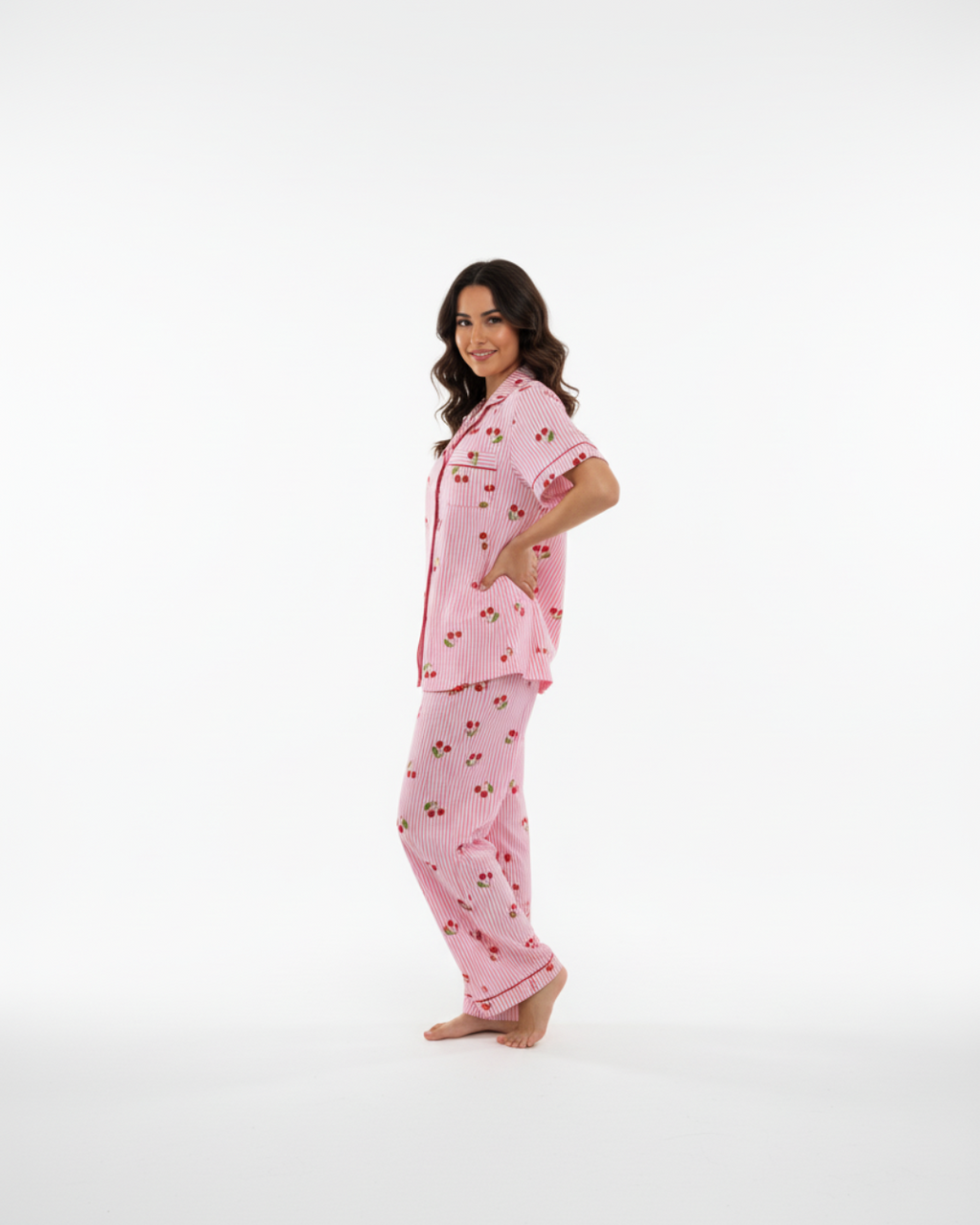 Sweet Cherry Dreams Women’s Pajama Set – Pink Striped Cotton Sleepwear