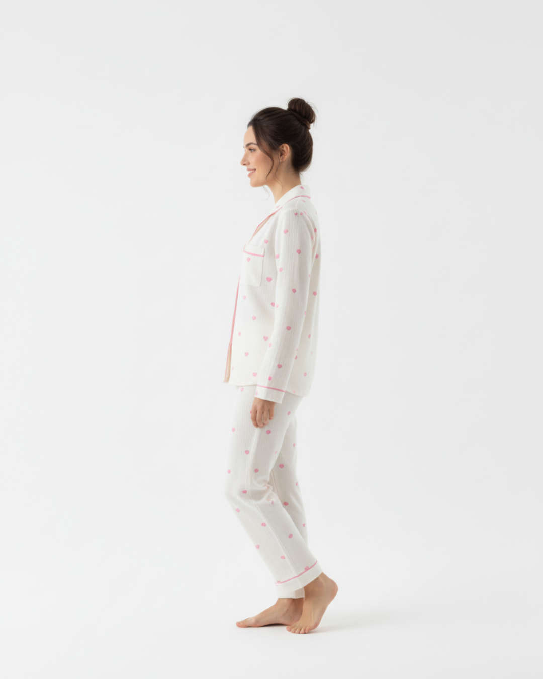 Women's Heart Print Long Pajamas - Longsleeve Collar Shirt with Matching Pants