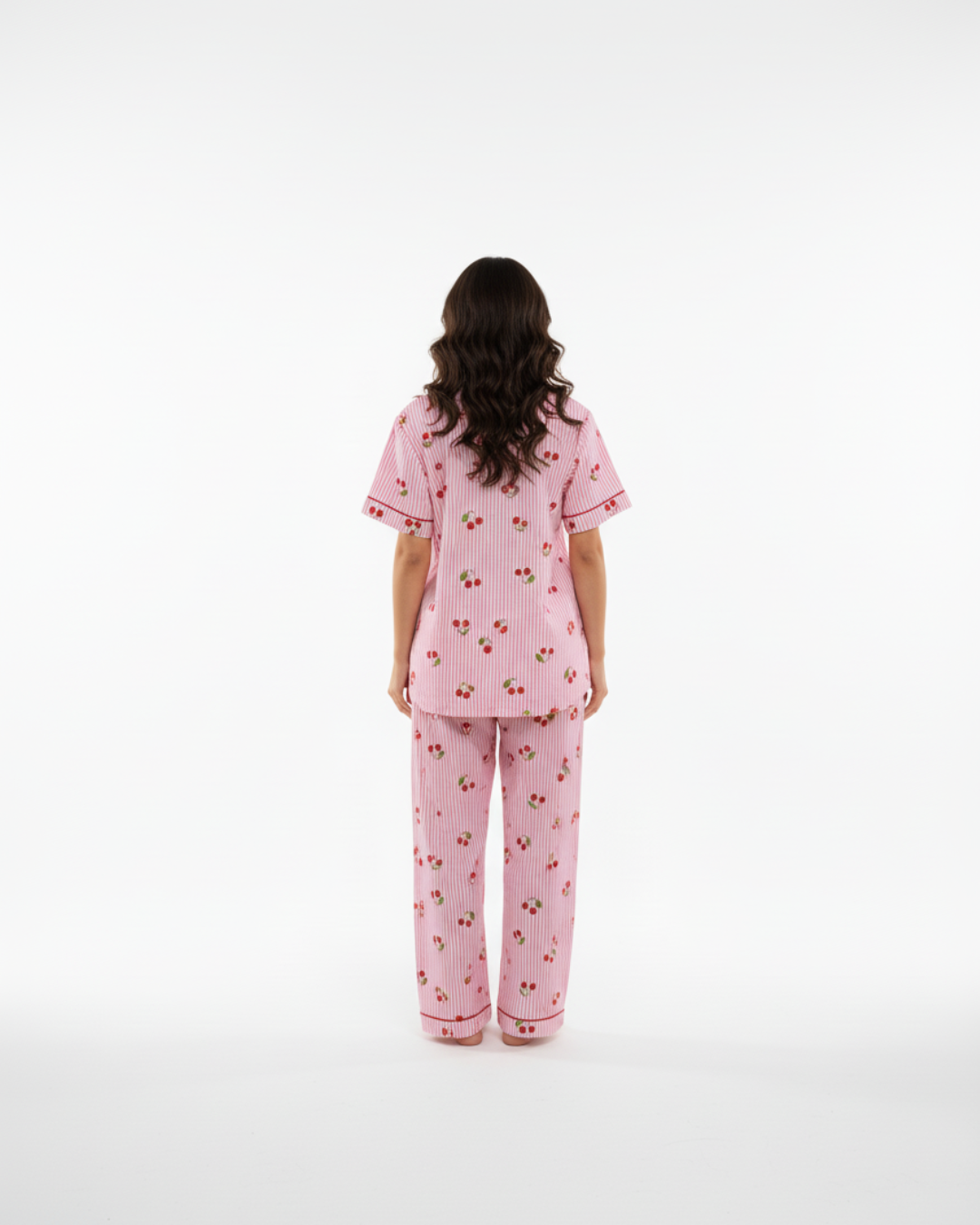 Sweet Cherry Dreams Women’s Pajama Set – Pink Striped Cotton Sleepwear