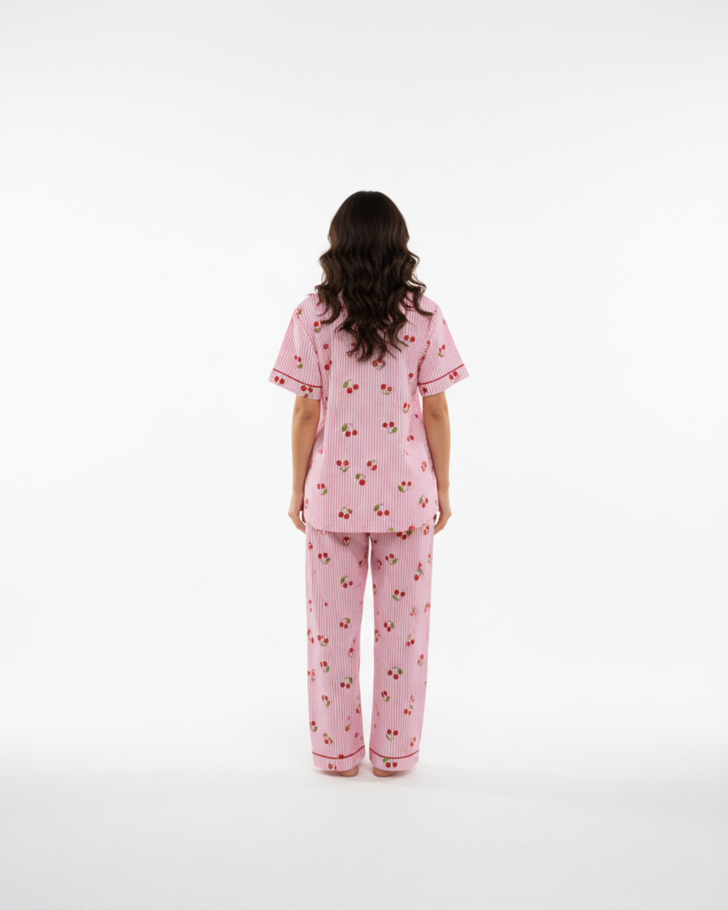 Sweet Cherry Dreams Women’s Pajama Set – Pink Striped Cotton Sleepwear