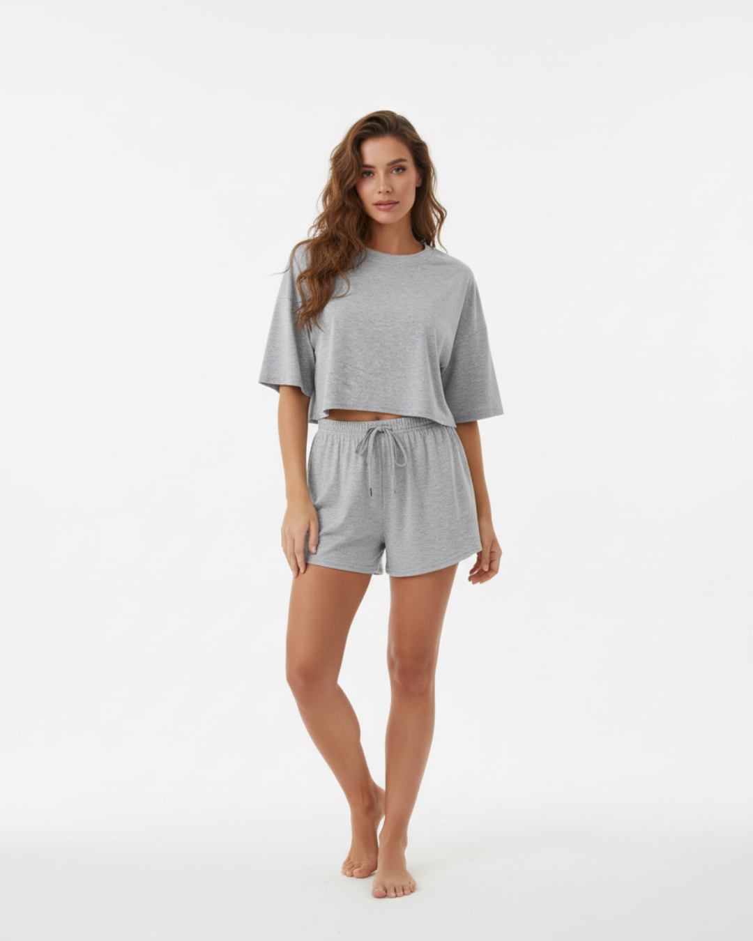 Heather Grey Short Pajama Set – Relaxed Crop Top & Drawstring Shorts