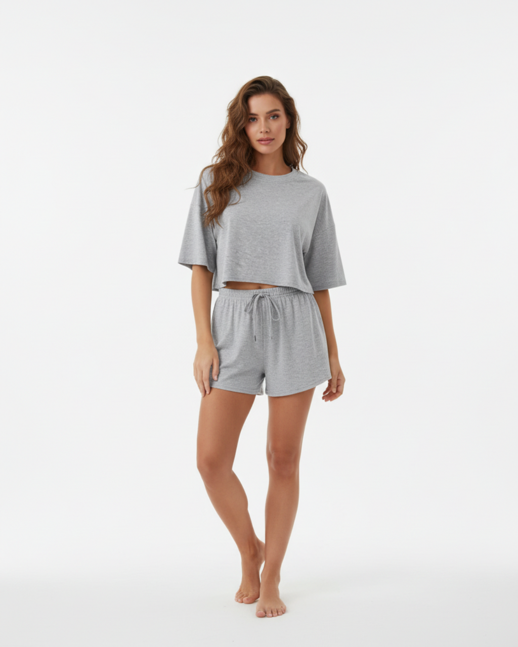 Heather Grey Short Pajama Set – Relaxed Crop Top & Drawstring Shorts