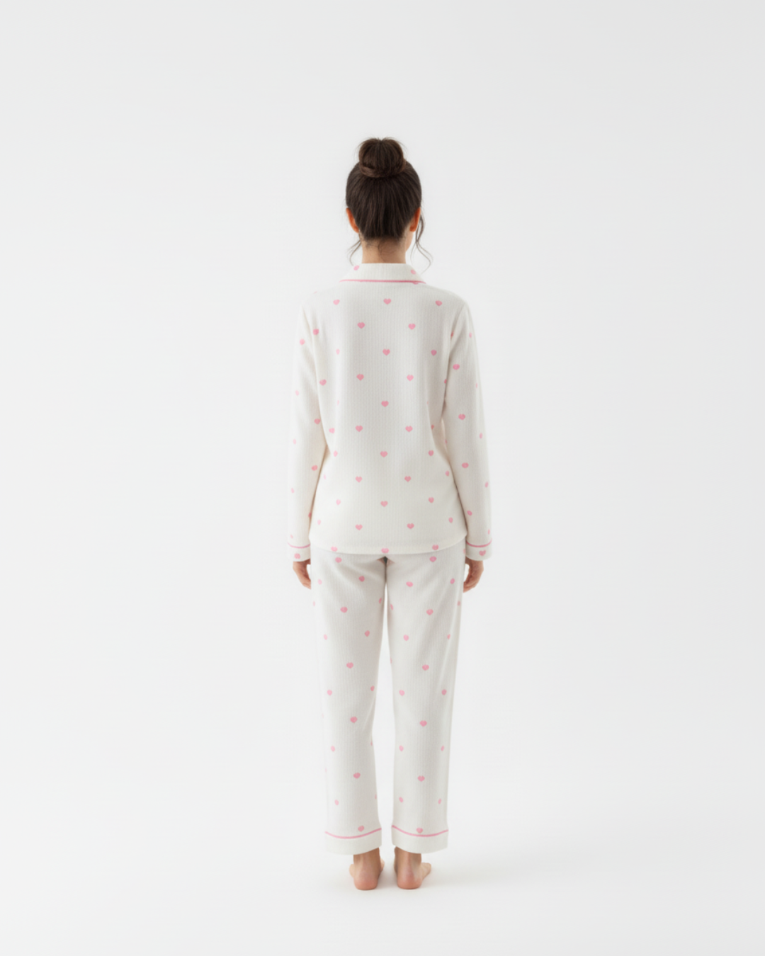 Women's Heart Print Long Pajamas - Longsleeve Collar Shirt with Matching Pants