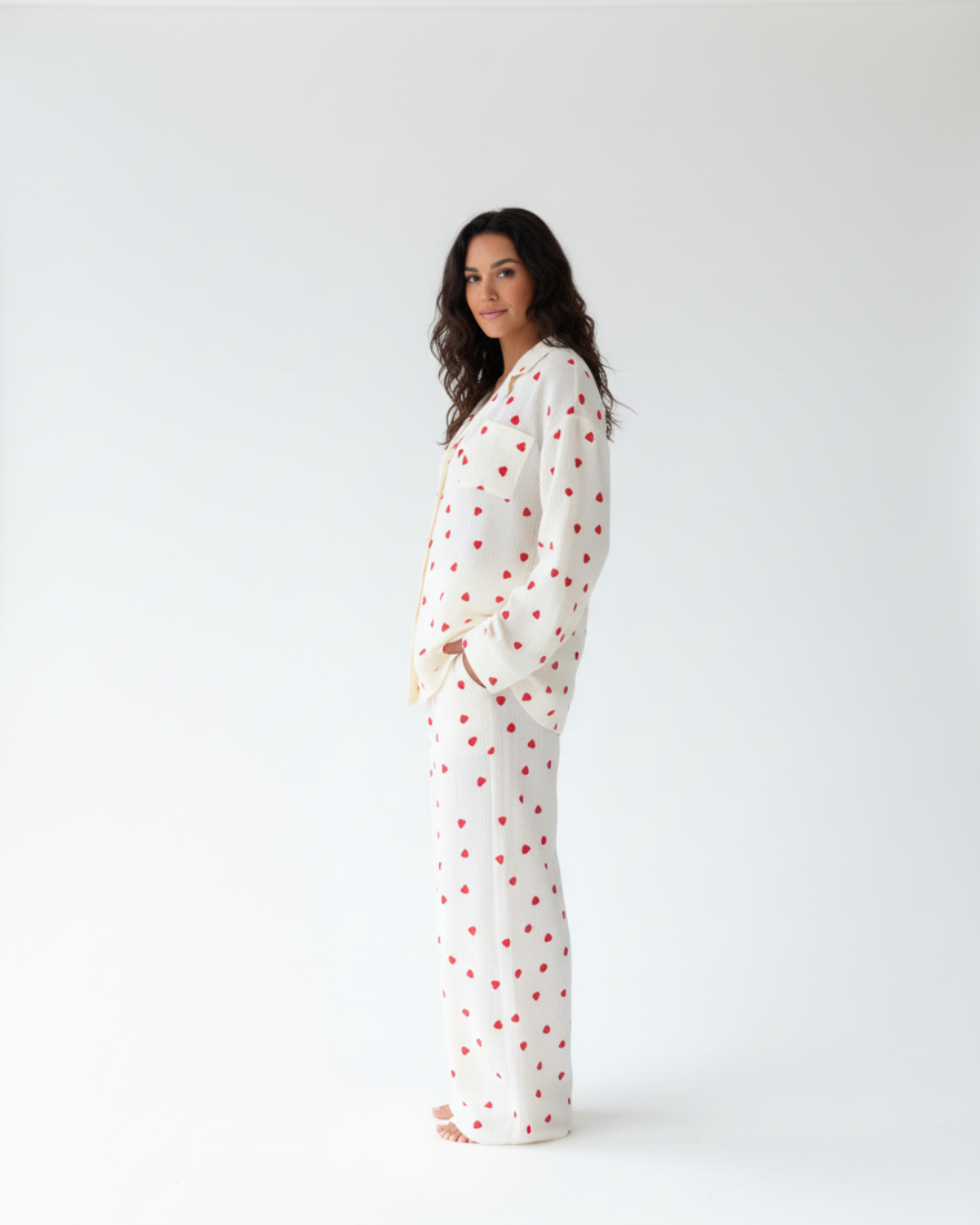 Women’s Long Pajama Set – White Pajamas with Red Heart Print, Button-Up Top & Pants Sleepwear