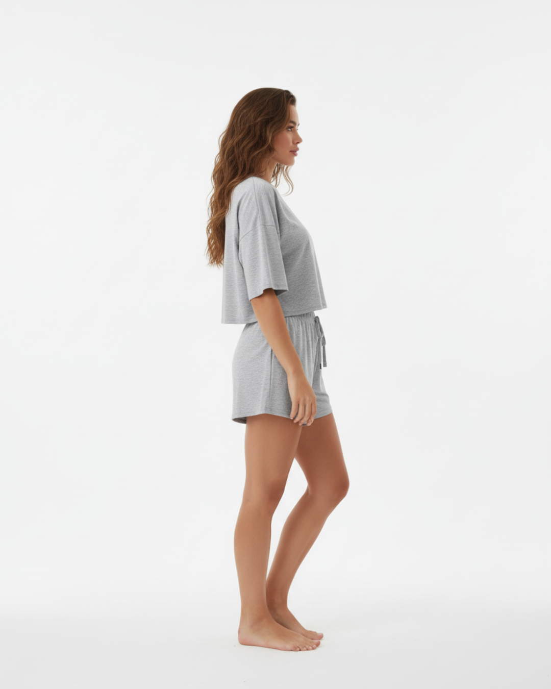 Heather Grey Short Pajama Set – Relaxed Crop Top & Drawstring Shorts