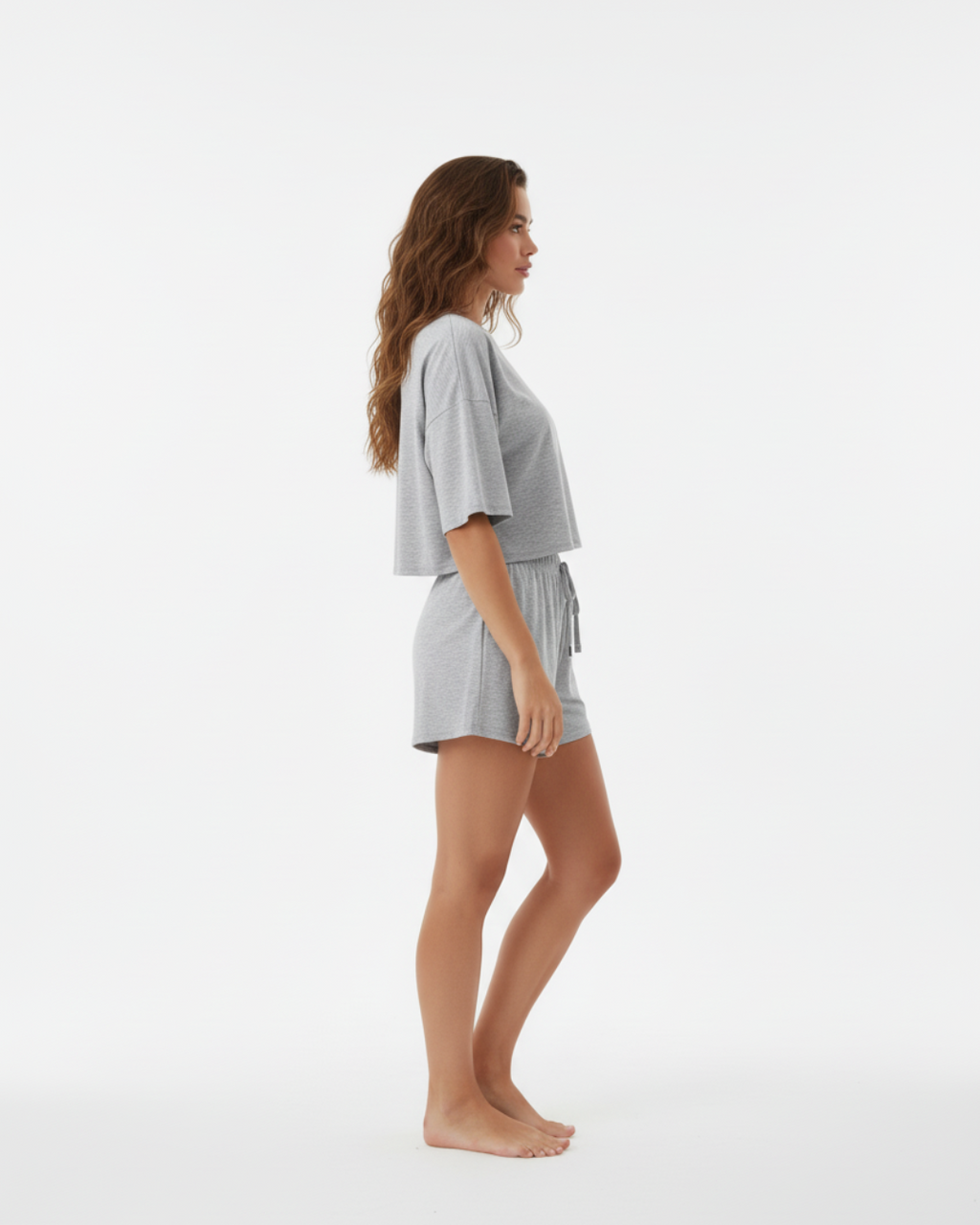 Heather Grey Short Pajama Set – Relaxed Crop Top & Drawstring Shorts