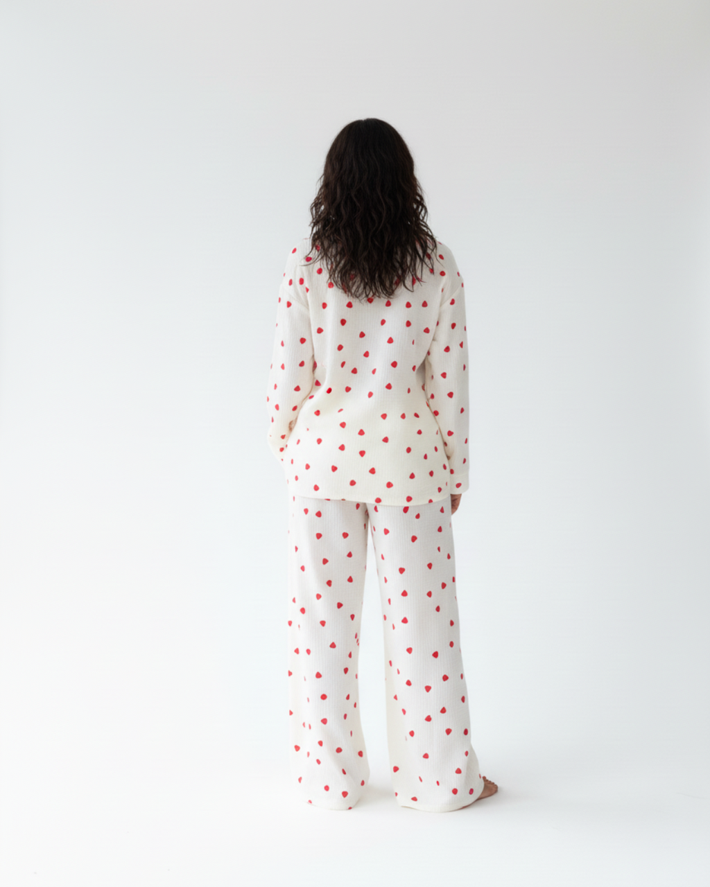 Women’s Long Pajama Set – White Pajamas with Red Heart Print, Button-Up Top & Pants Sleepwear
