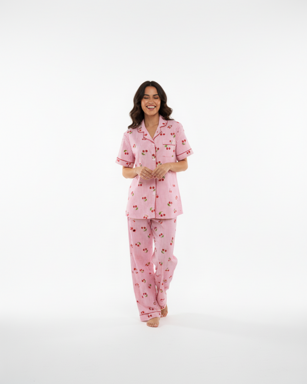 Sweet Cherry Dreams Women’s Pajama Set – Pink Striped Cotton Sleepwear