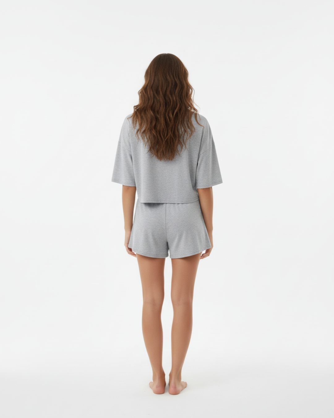 Heather Grey Short Pajama Set – Relaxed Crop Top & Drawstring Shorts