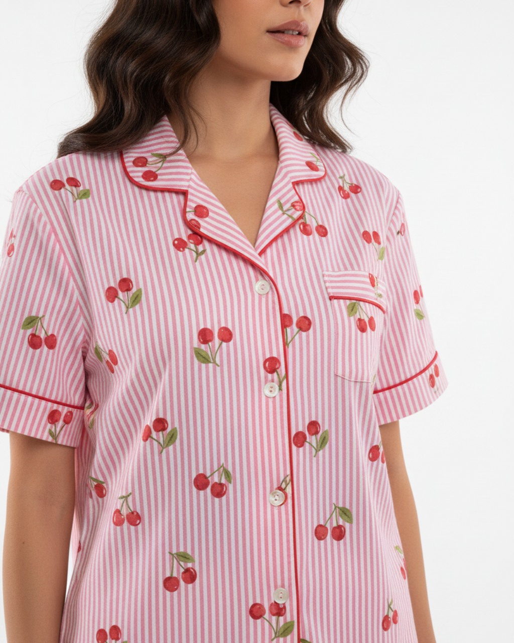 Sweet Cherry Dreams Women’s Pajama Set – Pink Striped Cotton Sleepwear
