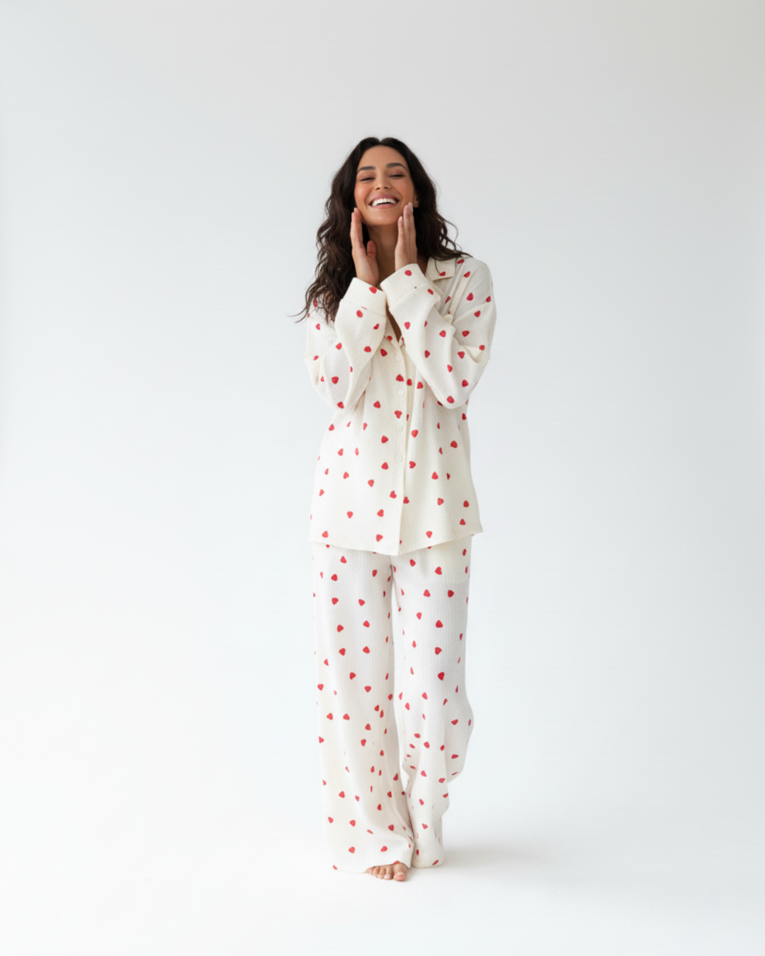 Women’s Long Pajama Set – White Pajamas with Red Heart Print, Button-Up Top & Pants Sleepwear