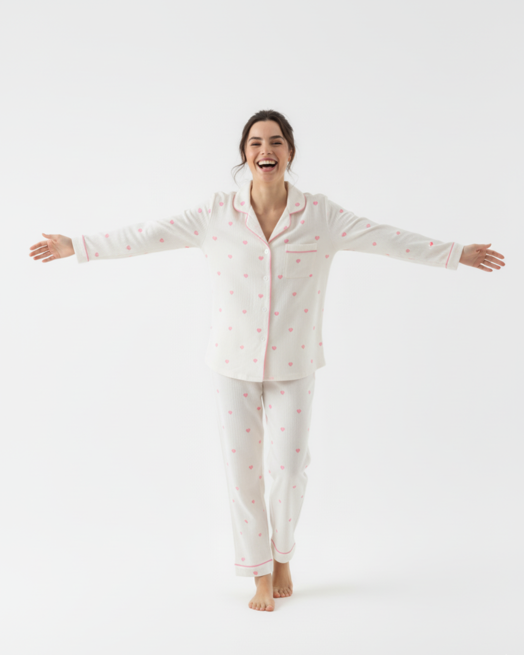 Women's Heart Print Long Pajamas - Longsleeve Collar Shirt with Matching Pants