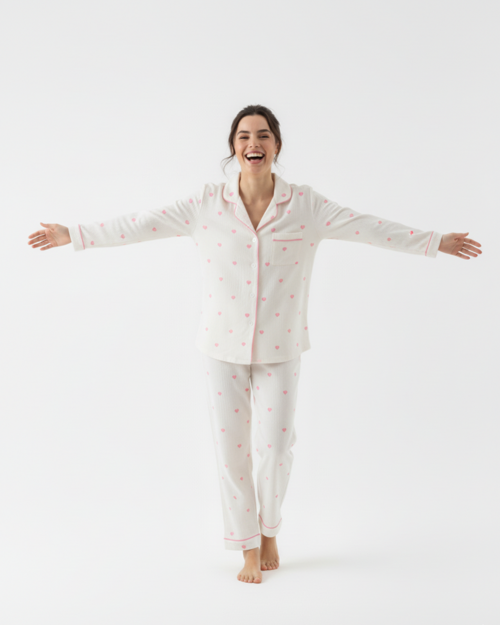 Women's Heart Print Long Pajamas - Longsleeve Collar Shirt with Matching Pants