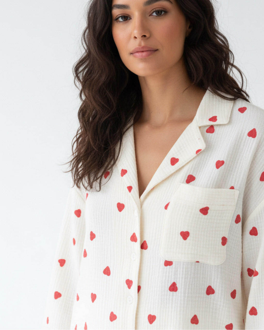 Women’s Long Pajama Set – White Pajamas with Red Heart Print, Button-Up Top & Pants Sleepwear