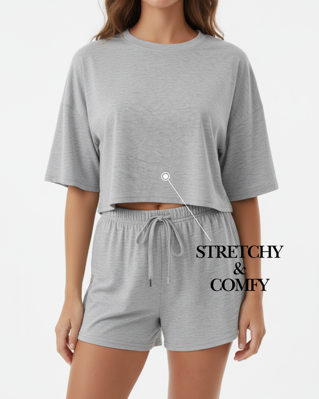 Heather Grey Short Pajama Set – Relaxed Crop Top & Drawstring Shorts