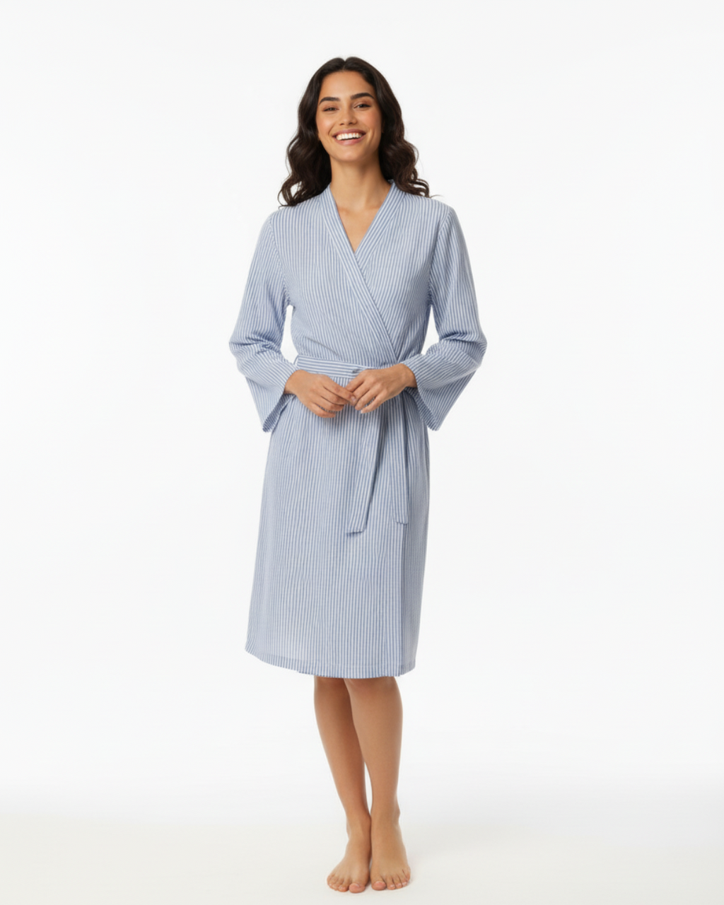 Women’s Blue and White Striped Kimono Robe – Lightweight Cotton Bathrobe