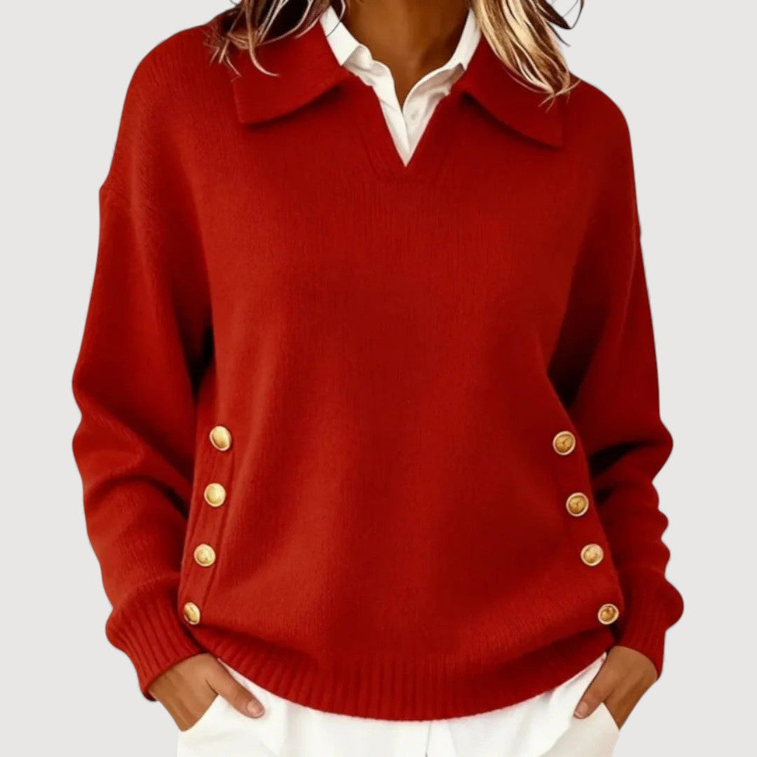 Women’s V-Neck Knit Sweater – Elegant Button-Detail Pullover