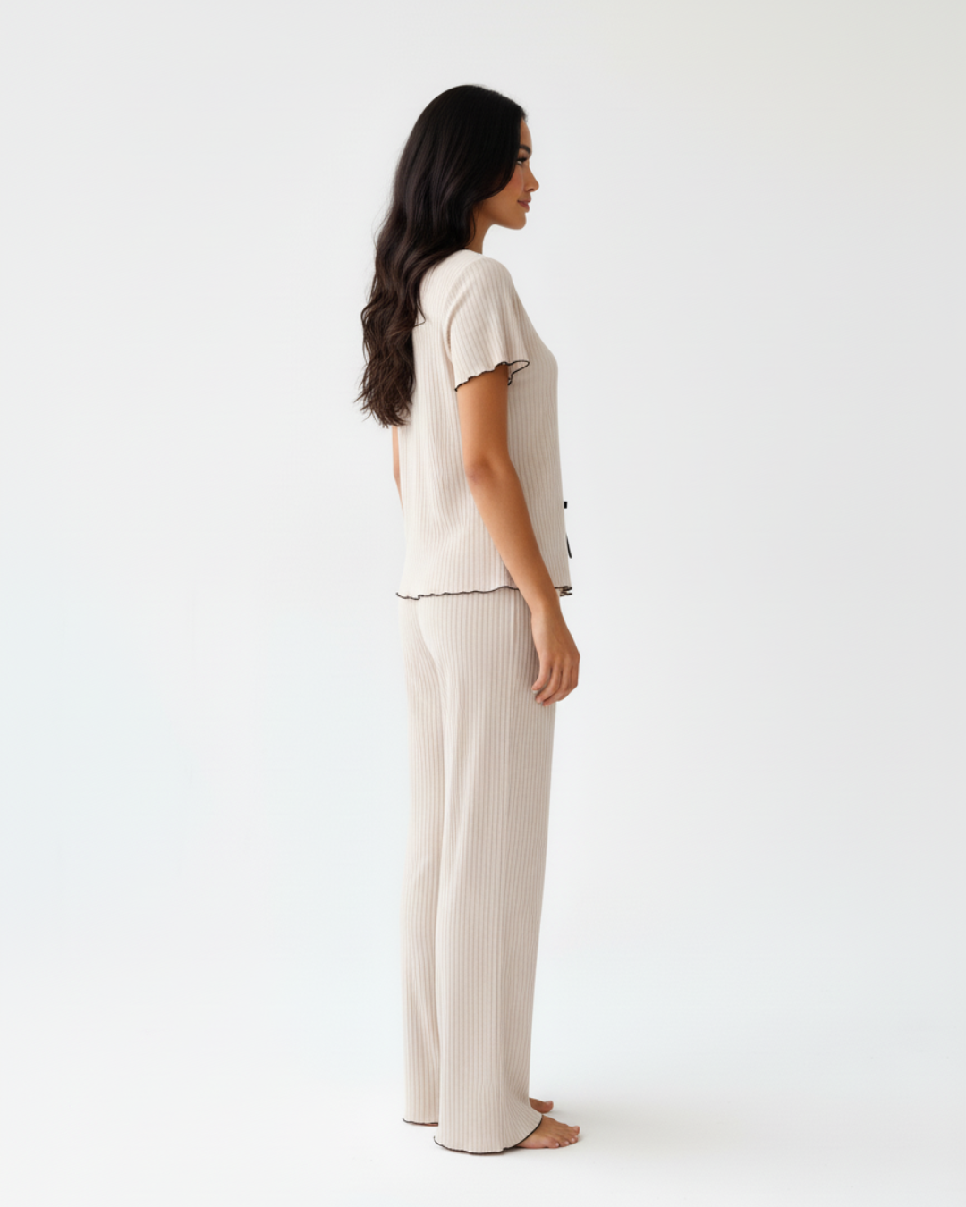 Women’s Beige Ribbed Pajama Set – Short Sleeve Two Piece PJ Set with Tie Waist
