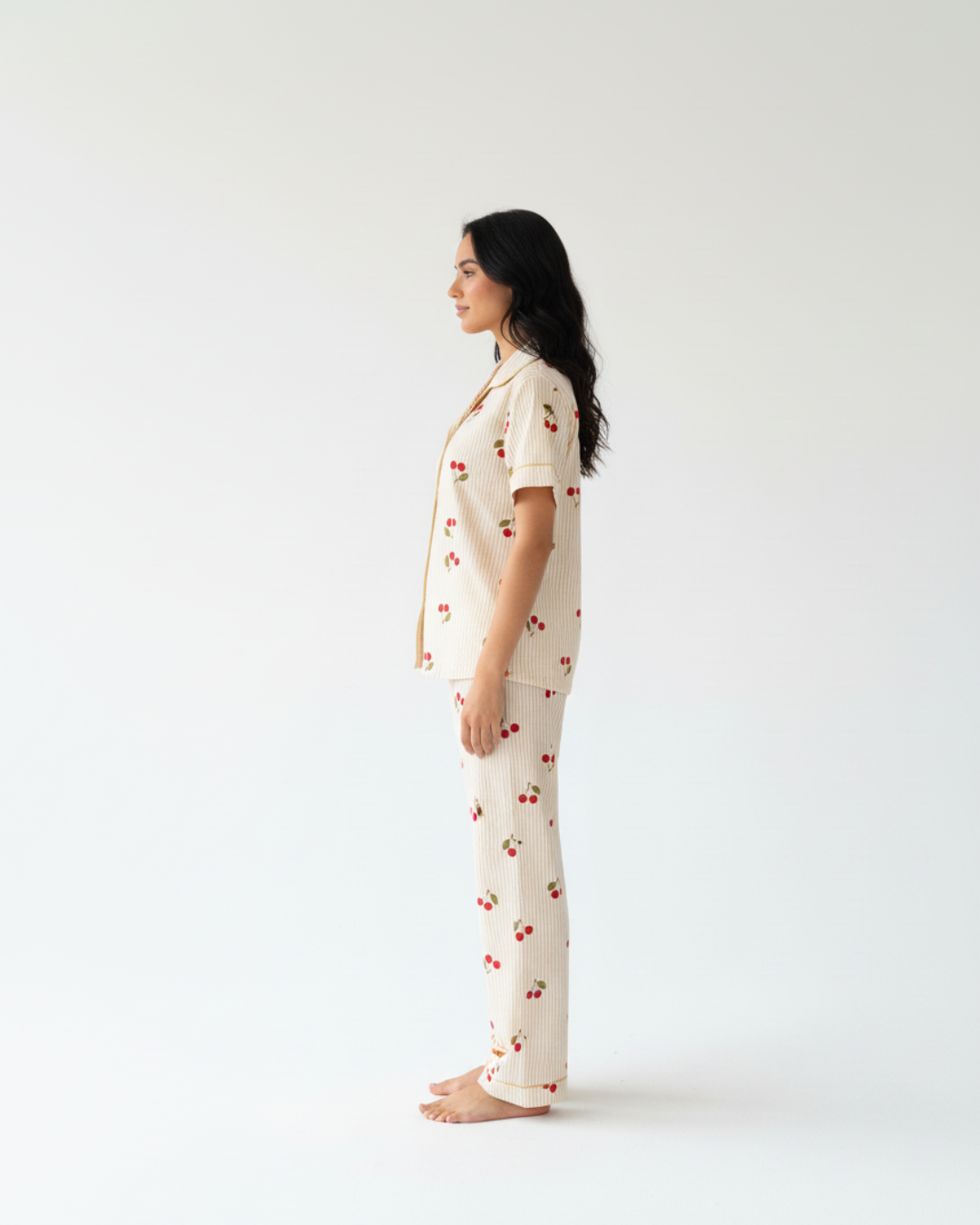 Cherry Delight Pajama Set – Short Sleeve Top & Long Pants in Beige Stripes