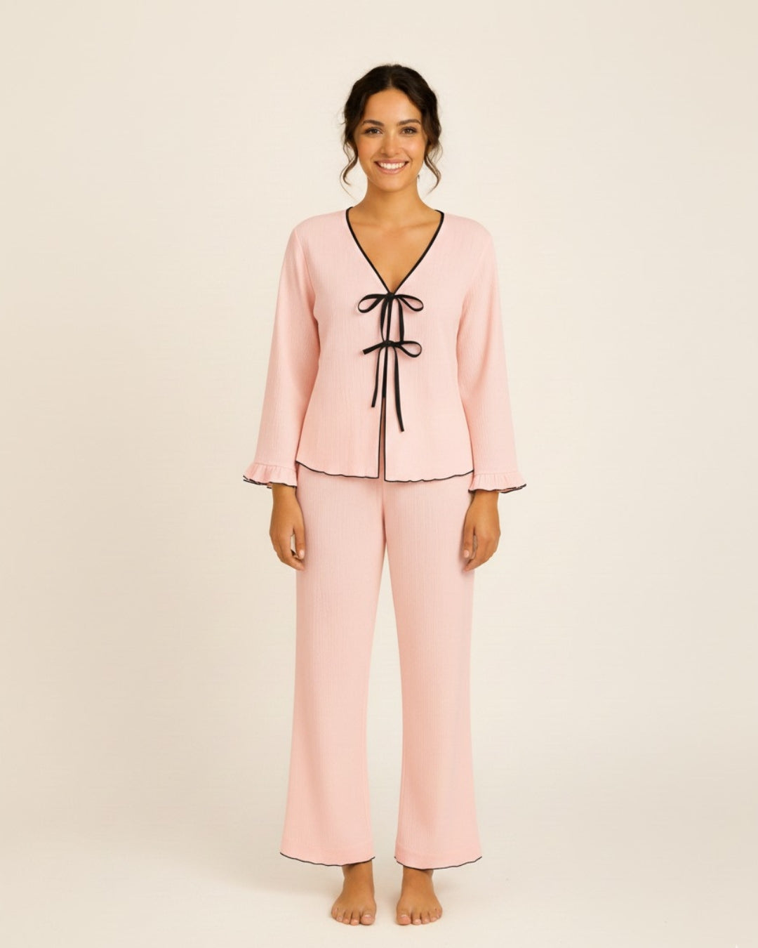 Women’s Cotton Pajama Set with Bow Tie Detail – Long Sleeve Top and Pants PJ Set